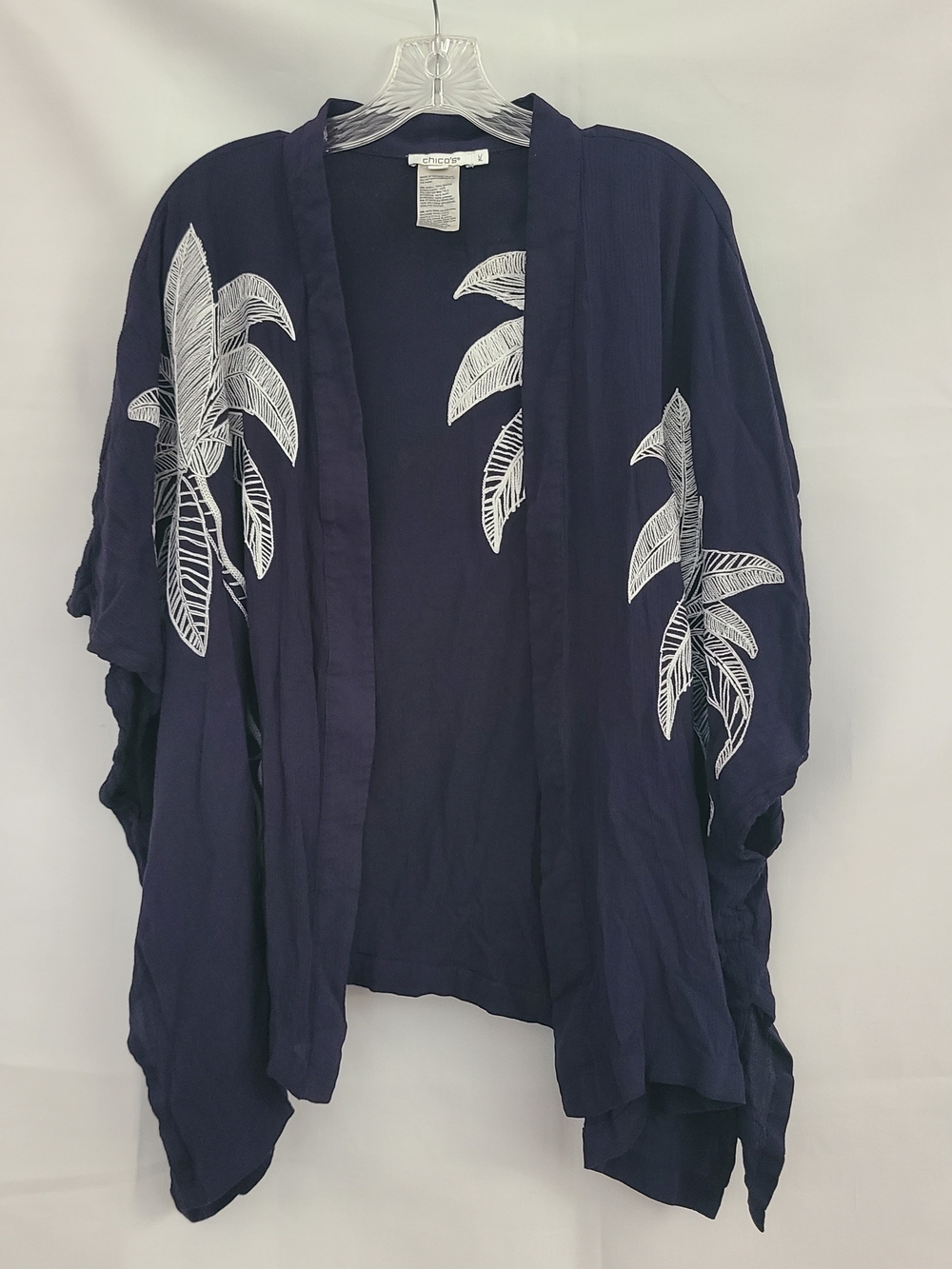 Chico's Sz L/XL Navy White Palm Tree Embroidered Open Front Beach Resort Kimono